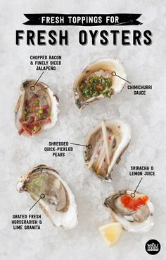 fresh oysters on the half shell with their names and ingredients labeled in black text