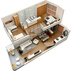 an overhead view of a two bedroom apartment with living room and kitchen areas in it