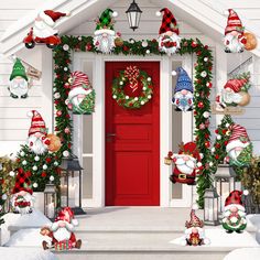 a red door decorated with christmas decorations and santa clause wreaths on the front porch