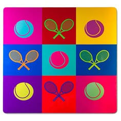 a square coaster with tennis related items on it in different colors and sizes, including rackets