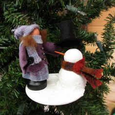 a snowman ornament with a top hat and scarf on it's head