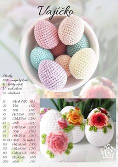 crocheted easter eggs with flowers are shown in the image and on the bottom