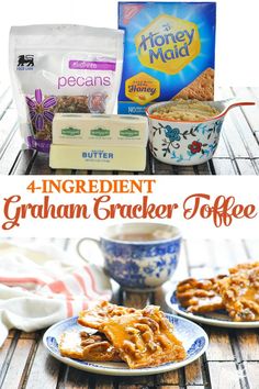 four ingredient granola cracker toffe recipe on a table with coffee and milk