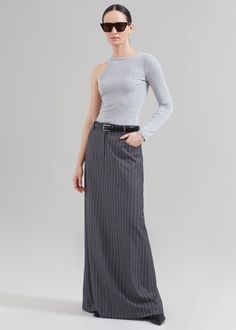 Malvo Long Pencil Skirt - Grey Pinstripe Striped Skirt Outfit, Long Striped Skirts, Long Fitted Skirt, Long Black Pencil Skirt, Black Striped Skirt, Long Skirt Suits, Long Pencil Skirt, Long Skirt Outfits, Maxi Skirt Outfits