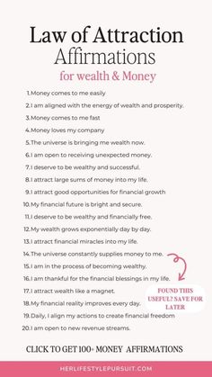 the law of attraction affirmations for health and money is shown in this poster