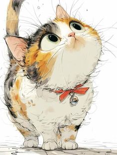 an orange and white cat with a red collar looking up at something in the air