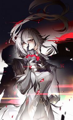 an anime character with long white hair and red eyes, standing in front of a dark background