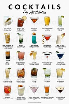 a poster with different types of cocktails on it's sides, including the names and