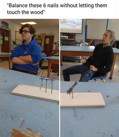 two people sitting at a table with nails stuck in the top and bottom of them