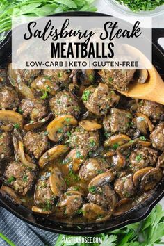 steak meatballs in a skillet with mushrooms and parsley