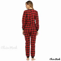 Olivia Mark - Checkered Cotton Flannel Jumpsuit Pajamas Home Wear Warm Clothing Plaid Winter Sleepwear For Loungewear, Plaid Sleepwear For Pajama Party In Fall, Plaid Sleepwear For Winter Loungewear, Casual Onesie For Sleepovers, Casual Long Sleeve Sleep Jumpsuits And Rompers, Casual Christmas Loungewear Onesie, Casual Long Sleeve Jumpsuits And Rompers For Pajama Party, Casual Long Sleeve Jumpsuits For Pajama Party, Red Long Sleeve Jumpsuits And Rompers For Loungewear