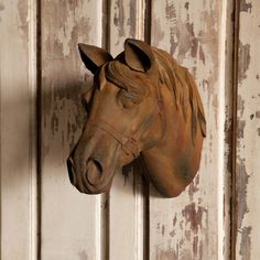 a brown horse head mounted to the side of a wooden wall next to a white door