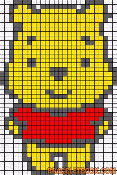 a cross stitch pattern with a yellow and red teddy bear on it's chest