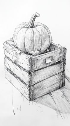 a pencil drawing of a pumpkin in a wooden box