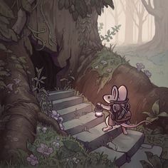 a cartoon mouse is walking up some steps in the woods with a lantern on his hand