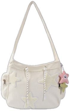 Cute Large Capacity Canvas Shoulder Bag, Cute Beige Large Capacity Satchel, Cute Beige Canvas Shoulder Bag, Cute Everyday Beige Shoulder Bag, Cute Cream Shoulder Bag For Daily Use, Cute Cream Shoulder Bag For School, Cute Canvas Shoulder Bag With Adjustable Strap, Casual Star-shaped Shoulder Bag For School, Cute Satchel Tote With Zipper Closure