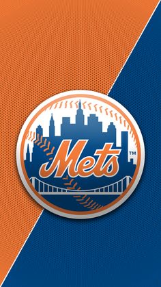 the new york mets logo is shown on an orange and blue background with cityscape