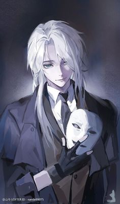 an anime character with white hair holding a rabbit in his arms and looking at the camera