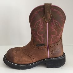 Brand: Justin Type: Women's Boots Style: Gypsy, Gy9980, Western, Cowboy Work Boots, Round Steel Toe Material: Leather Upper, Fabric Lining, Rubber Balance Color: Brown With Pink/White Stitching Condition: New Without Box. Please See Photos For Further Details/Condition. Size: Women's Us Size 5.5b Measurements: Shaft 7.5" On Sides Actual Heel Height 1.75" Platform 1" Heel To Toe Drop .75" Western Work Boots, Justin Cowboy Boots, Western Work, Boots Style, Justin Boots, Boots Leather, Western Cowboy, Work Boots, Brown Boots