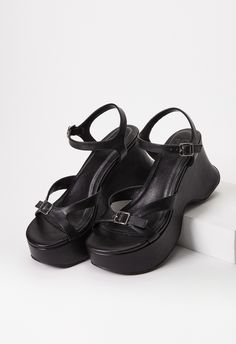 ShoeDazzle BLACK female Fashion >> Shoes >> Sandals >> Wedge Faux Leather regular Buckle Ninette Platform Wedge Sandal Platform Sandals Outfit, Mini Heels, Black Female Fashion, Wedges Outfit, Jeweled Shoes, Black Platform Sandals, Sandals Wedge, Fashion Shoes Sandals, Funky Shoes