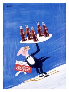 a man in a tuxedo carrying a tray of coca - cola on skis