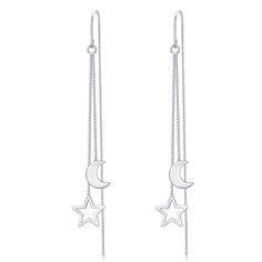 PRICES MAY VARY. Material: The star dangle earrings made of 925 solid sterling silver, nickel-free, lead-free, cadmium-free and hypoallergenic,comfortable for sensitive ears. Special: Creative star and moon threader earrings with tassel chain designed, it is delicate, elegant and romance,makes you eye-catching whether you are in a business meeting, at dating, dinner party or out with friends. Specifications: This star threader earrings just 2 G(pair),The chain earrings length:6.4CM (2.52"). Ear Cheap Everyday Earrings With Star Charm, Moon Earrings For Teen, Elegant Silver Earrings, Modest Luxury, Silver Long Earrings, Silver Chain Earrings, Moon And Star Earrings, Hypoallergenic Jewelry, Sterling Silver Flowers