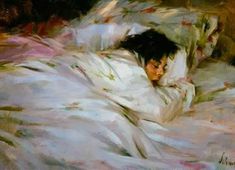 a painting of a woman laying in bed