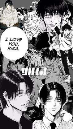 some anime characters with black hair and white eyes, one has an i love you kika speech bubble above his head