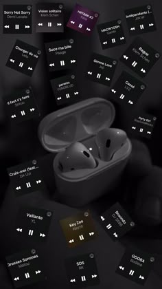 an advertisement for the apple airpods is shown in black and white, with multiple icons above it