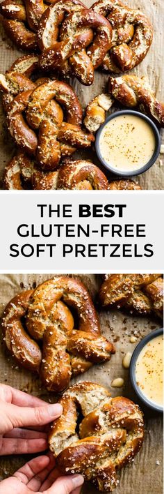 the best gluten - free soft pretzels are on display with dipping sauces