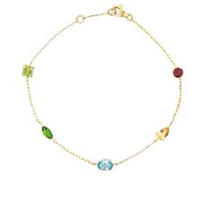 Enhance your wrist with the vibrant charm of this 14K yellow gold bracelet, measuring 7.5 inches. This exquisite piece features a series of beautifully cut gemstones: a round garnet, a pear-shaped citrine, an oval blue topaz, a marquise tsavorite garnet, and a princess-cut peridot. Each gemstone is meticulously set along the diamond-cut cable link chain, offering a colorful display of elegance and sophistication. Tsavorite Garnet, Yellow Gold Bracelet, Gemstone Bracelets, Diamond Cut, Princess Cut, Link Chain, Pear Shaped, Link Bracelets, Blue Topaz