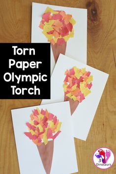 three paper olympic torchs with the text torn paper olympics torch on them and an image of