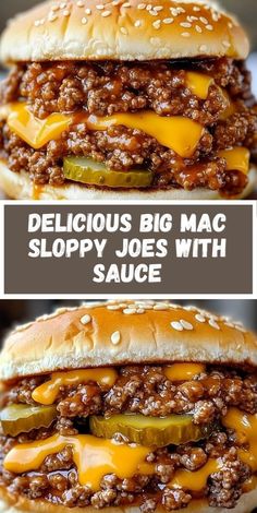 two pictures of sloppy joes with cheese and pickles on the side, one is in