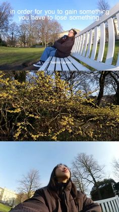 two pictures one with a person sitting on a bench and the other with a woman laying down