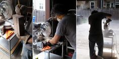 three pictures of a man working on an object