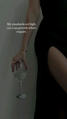 a woman in a black dress holding a wine glass with the words, my standards are high, coz i can provide what i require