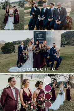 the wedding party is posing for pictures in their burgundy and black outfits, while the bridesmaids are wearing matching dresses