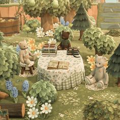 a painting of two teddy bears sitting at a table surrounded by flowers, trees and books