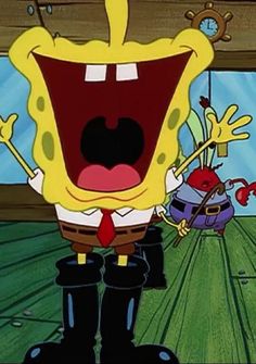 spongebob with his mouth open in front of other cartoon characters