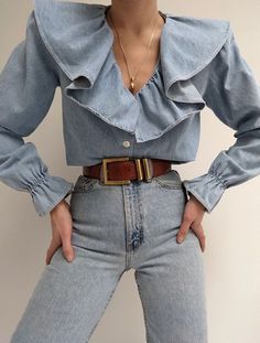 Denim Bodysuit, St Agni, Western Outfit, Draped Blouse, Draped Neckline, All Jeans, Creation Couture