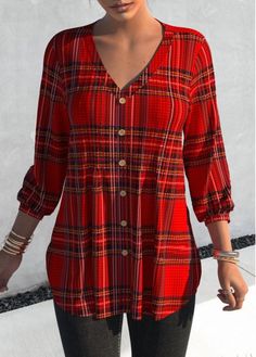 Color:Red;Size:S;Size:L;Package Contents:1 X Blouse;Style:Casual; Blouse Size Chart, Checked Blouse, Plaid Sleeve, Trendy Tops For Women, Plaid Outfits, Blouse Style, Crochet Clothing, Trendy Blouses, Women's Blouses