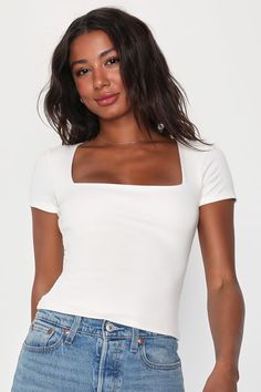 Square Neck Top Outfit, White Square Neck Top, Clothes Moodboard, Teen Tops, Low Neck Tops, Square Neck Shirt, Square Neckline Top, 2023 Clothes, Lil Top