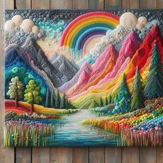 a painting on the side of a wooden wall with mountains and rainbows painted on it