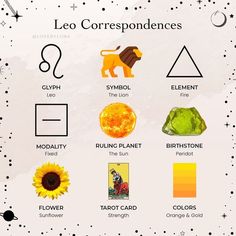 the zodiac sign for leo is shown on a white background with stars and other astrological symbols