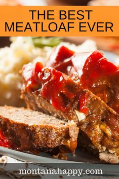 meatloaf with ketchup and mashed potatoes on a plate