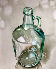 a painting of a glass bottle on a table