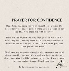 a prayer card with the words prayer for confidence written in cursive writing