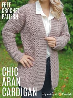 a woman is wearing a cardigan and posing for the cover of her crochet pattern