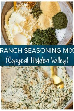 ranch seasoning mix in a bowl with spoons next to it and the words copycat hidden valley