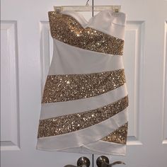 Gold And White Body Con Dress, Zips In Back. Purchased And Never Worn Out As Plans Were Cancelled. White Strapless Sequin Mini Dress, Clover Dress, Red Clover, Body Con Dress, Soul Food, Strapless Dress, Colorful Dresses, Bodycon Dress, White Gold